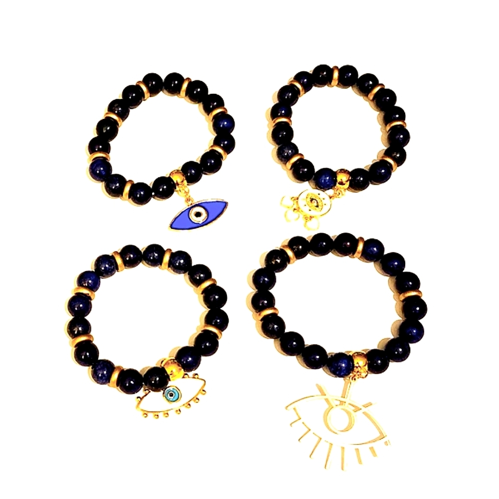 Set (4) Blue Beaded Agate Stone Bracelets w/Gold Plated Enamel Charms.